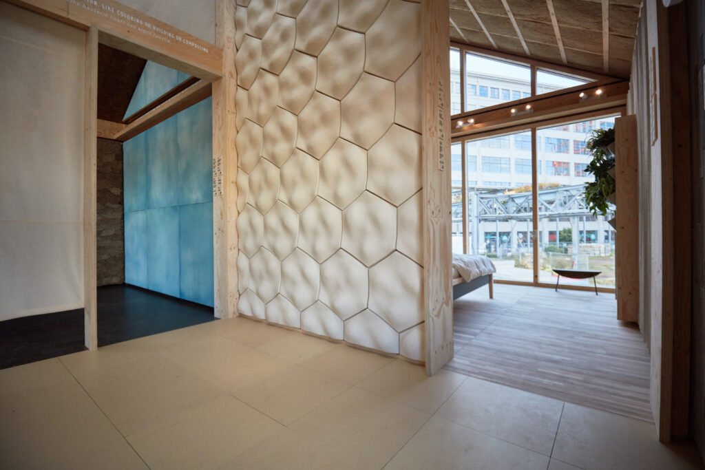 Bioarchitettura The Exploded View Beyond Building, parete ACOUSTIC MYCELIUM TILES credits Biobased Building
