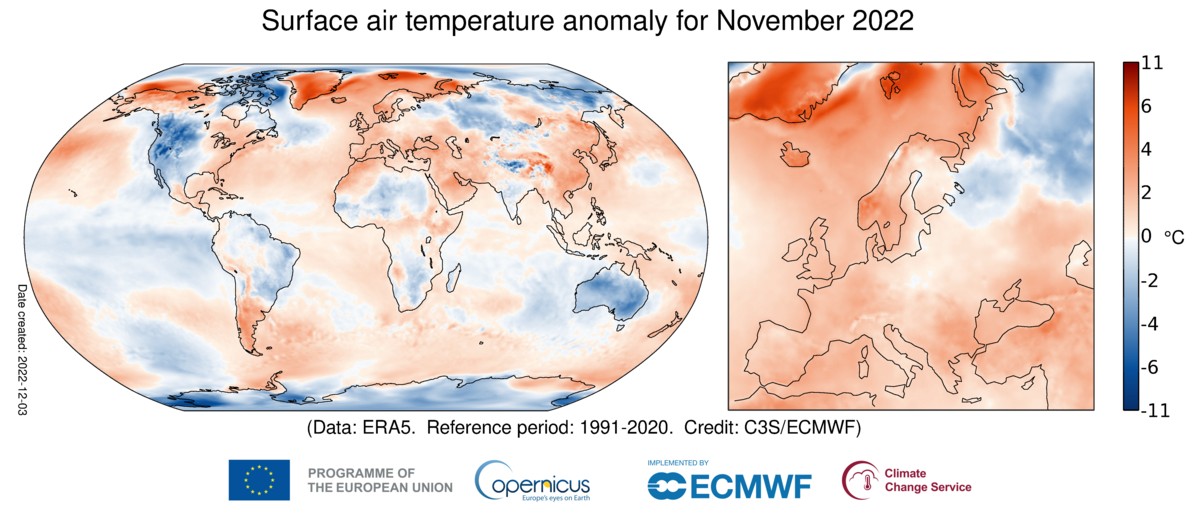 Riscaldamento globale: a novembre, Europa 1,4°C più calda