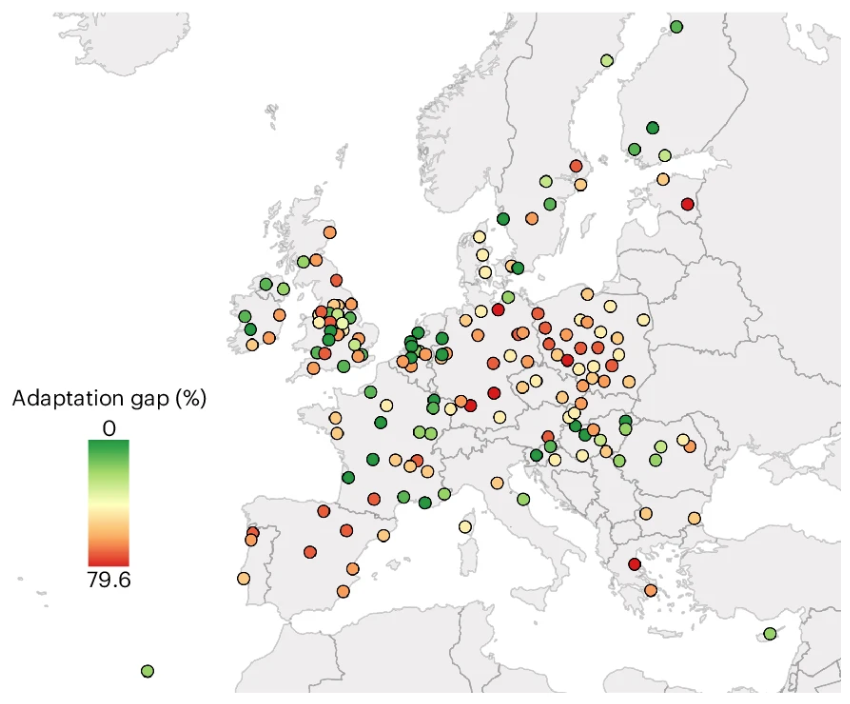 La mappa di coerenza media per i piani di adattamento urbano al clima delle città europee.