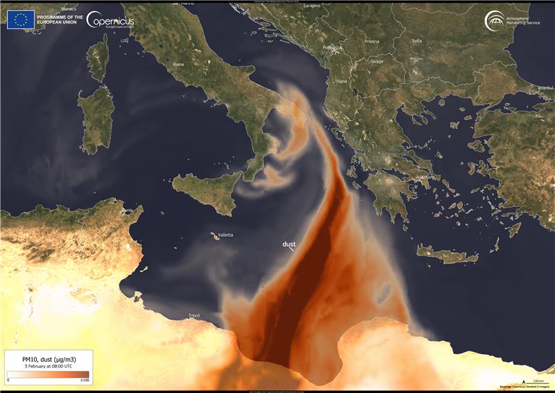 Previsioni di polvere PM 10 CAMS sul Mediterraneo centrale alle 08:00 UTC del 3 febbraio. Crediti: Unione Europea, CAMS