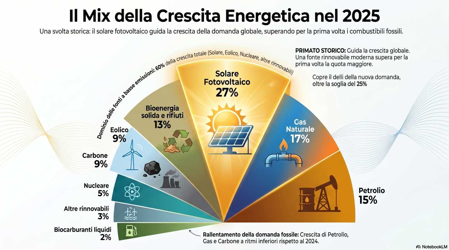 Il Mix della Crescita Energetica nel 2025: Un grafico a torta o a barre che mostri come le diverse fonti hanno contribuito all'aumento della domanda energetica globale
. L'infografica dovrebbe evidenziare che, per la prima volta, una fonte rinnovabile moderna come il solare fotovoltaico ha coperto la quota maggiore della crescita (oltre il 25%), seguita dal gas naturale (17%).
