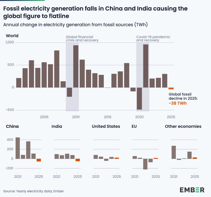 La produzione di energia elettrica da fonti fossili diminiuisce in Cina e India.