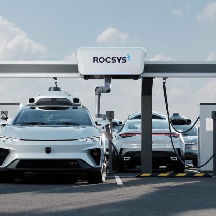 Rinnovabili • Robotaxi fanno da soli anche la ricarica elettrica: ecco come con Rocsys M1
