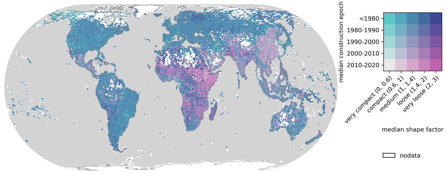 Mappa globale della compattezza degli edifici e dell'età di costruzione, utilizzando una scala di colori bivariata. Il colore indica il grado di compattezza degli edifici (meno compatti con tonalità di rosa più scure, meno recenti con tonalità di verde acqua più scure).
© Florio, P. et al, 2026. Concesso in licenza con CC BY 4.0