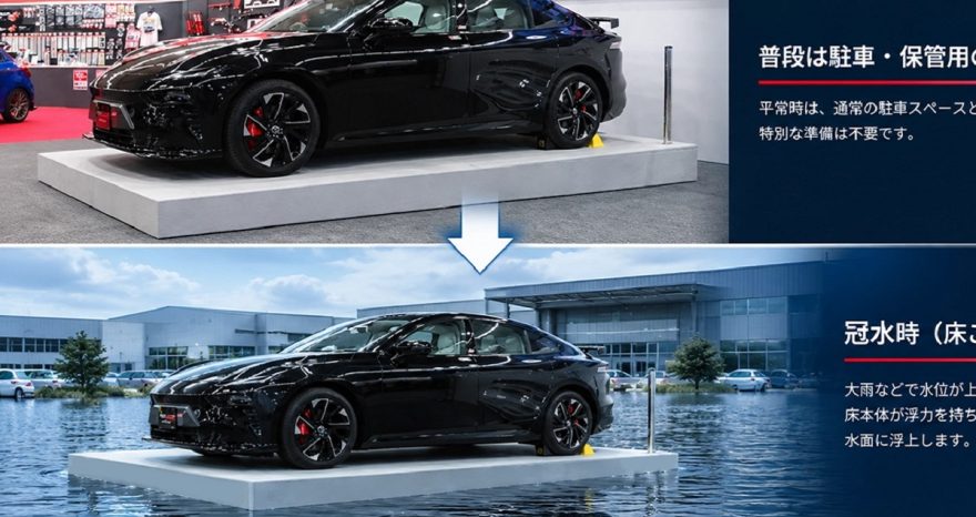 Rinnovabili • Il parcheggio che sale con l'acqua: in Giappone il pavimento galleggiante per salvare l'auto dalle alluvioni
